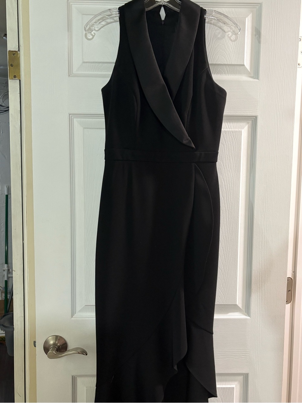 Xscape One-Shoulder Black Satin-Trim Evening Dress